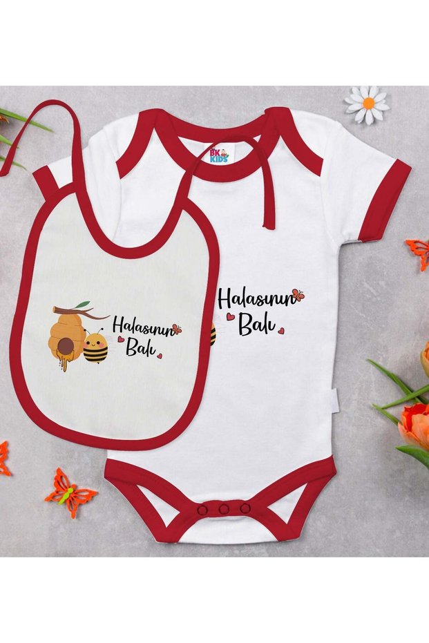 Bk Kids Red Baby Bodysuit and Bib Gift Set with Honey Design - 1, for Ages 9-12 Months.