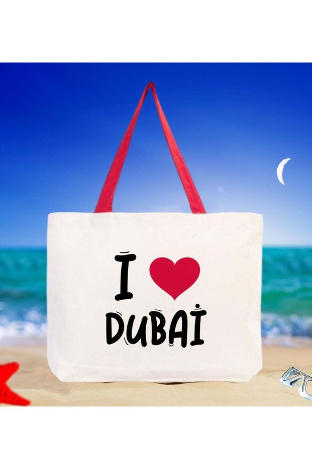 I Love Dubai Red Canvas Beach Bag with Handles, 48x40m, Printed Shoulder Bag, Shopping