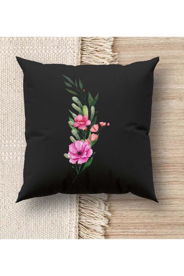 Floral Design Premium Fabric Black Throw Pillow Pillow, Home Gift, Home Decoration, Decorative H