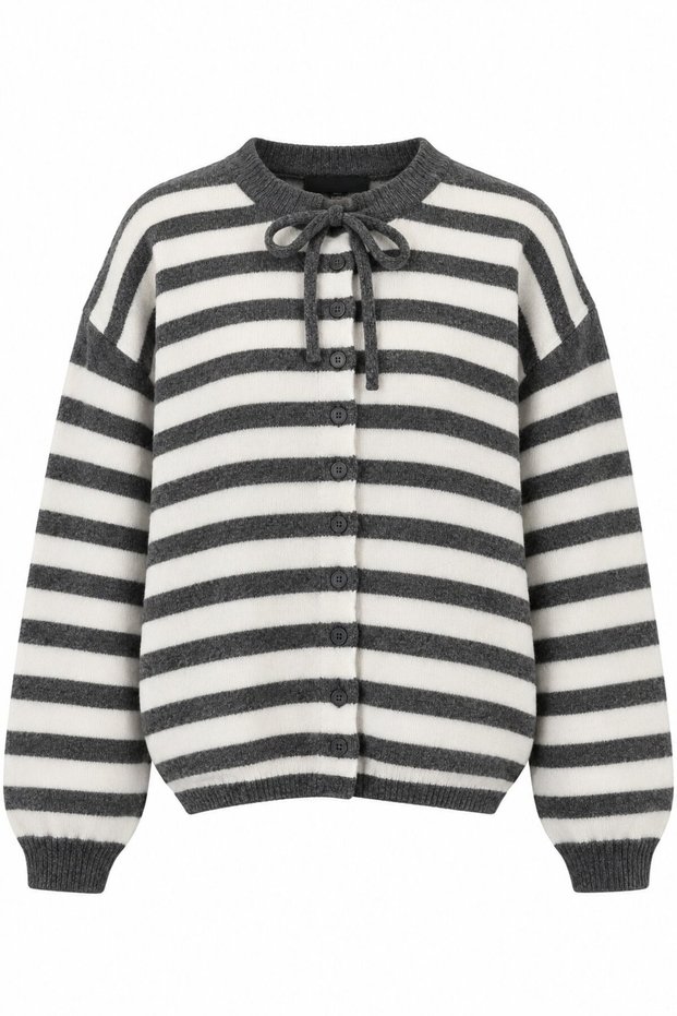 Gray Cardigan with Collar Detail, Tie-Front, Striped Design - 10203