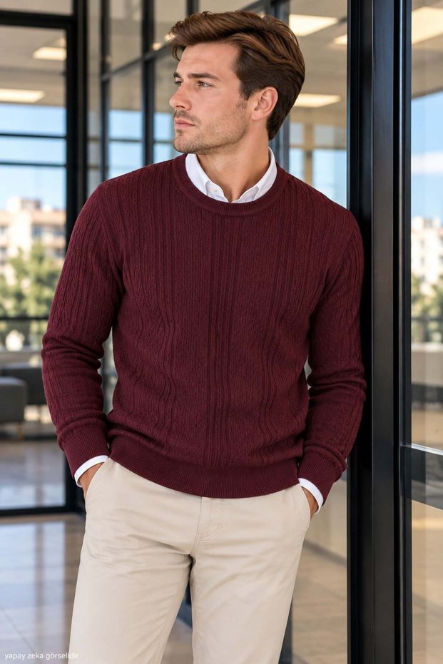 Men's Braided Pattern Crew Neck Knit Sweater 714