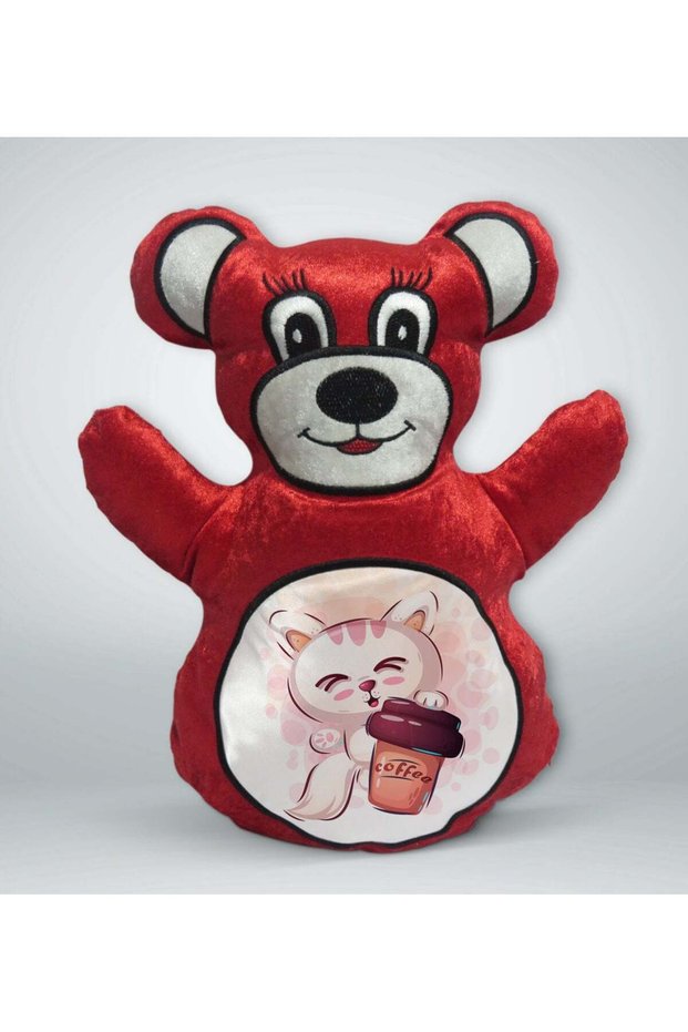 Red Teddy Bear Pillow with Cute Cat Design - 3