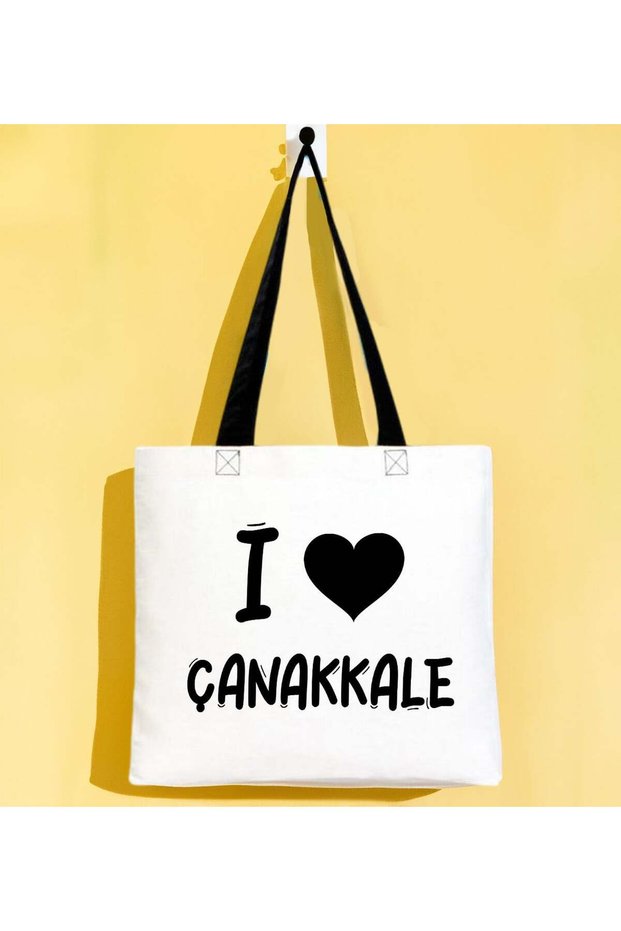 I Love Çanakkale Black Gabardine Fabric Bag with Handles, 40x35 cm, Printed Shoulder Bag, Shopping