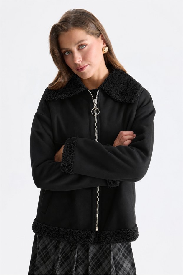 Black Plush Collar and Cuff Jacket with Zip Detail and Hem Details