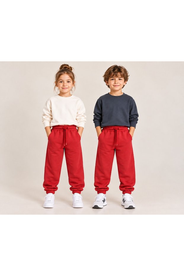 Kids' Girls' and Boys' School and Everyday Use Unisex Jogger Pants—Red, with Elasticated Hems, Pockets, and Drawstrings—Ages 3–10