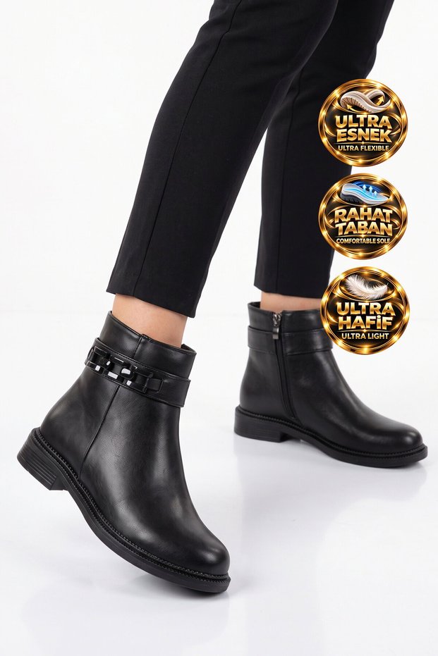 Black Women's Fleece-Lined Zip-Up Boots with Buckle Detail 636203