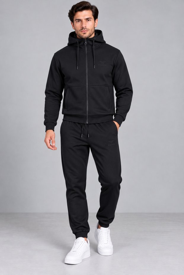 Men's, Black, Relaxed Fit, Premium Double-Face Fabric, Hooded, Soft-Textured, Zipper-Front, Modern and Stylish Men's Sweatsuit