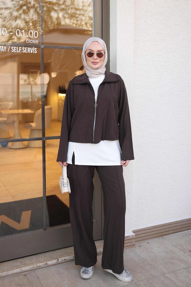 Brown Zipper Jacket and Pants Three-Piece Set