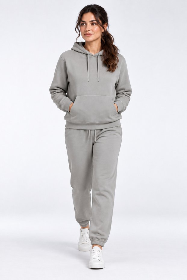 Women's Gray 3-Ply Sweatsuit Set with Hood and Kangaroo Pocket, Super Soft with Fleece-Lined Insulation