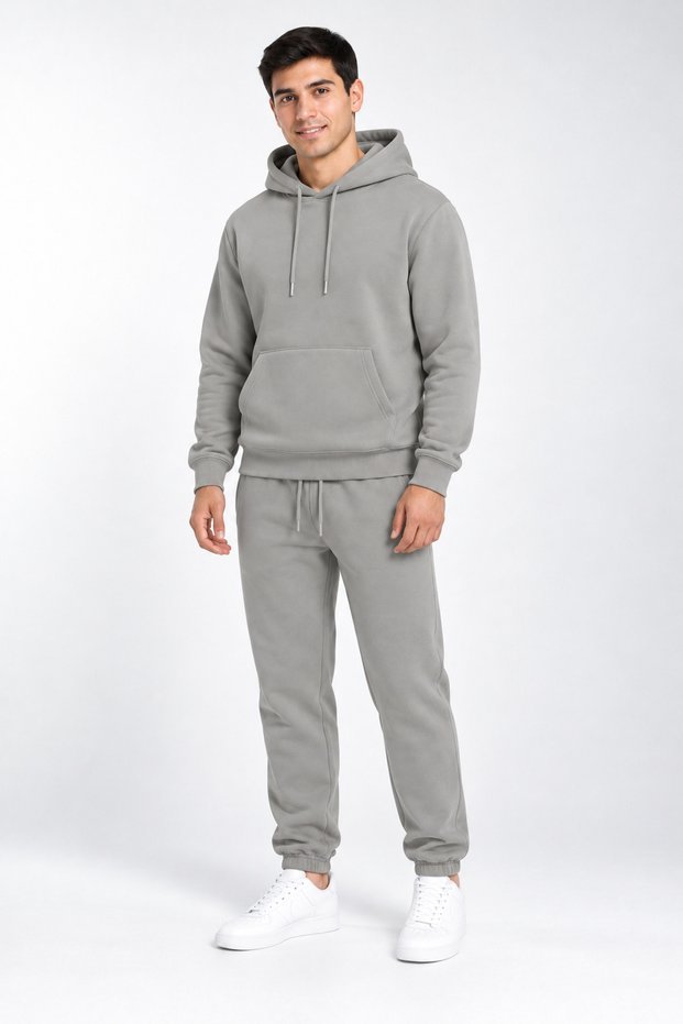 Men's Gray 3-Ply Sweatsuit Set with Hood, Made of Super Soft Puff Fabric