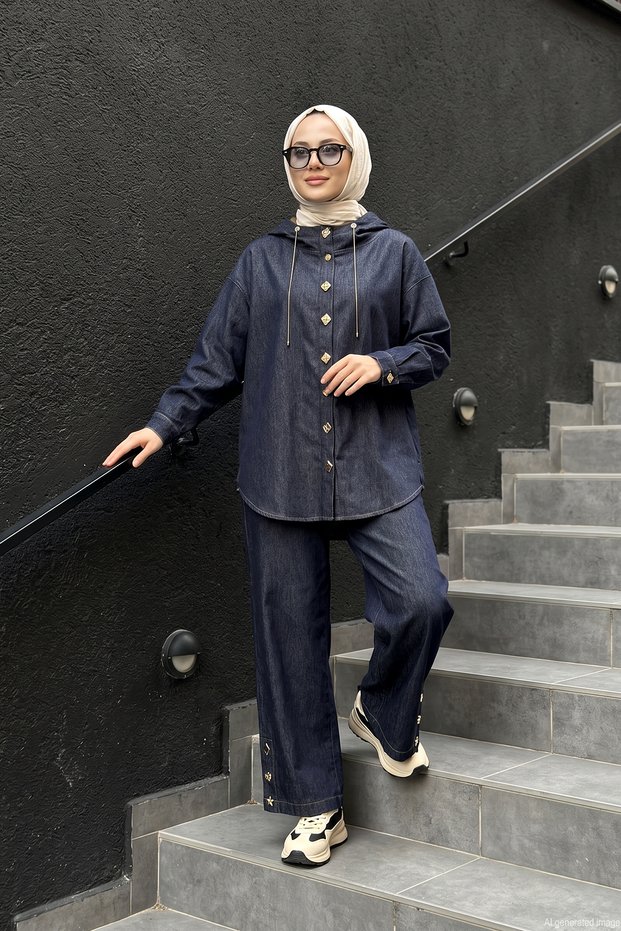 Denim Knit Hooded Sweatshirt with Different Snaps and Wide-Leg Pants Set, Size 110, Original