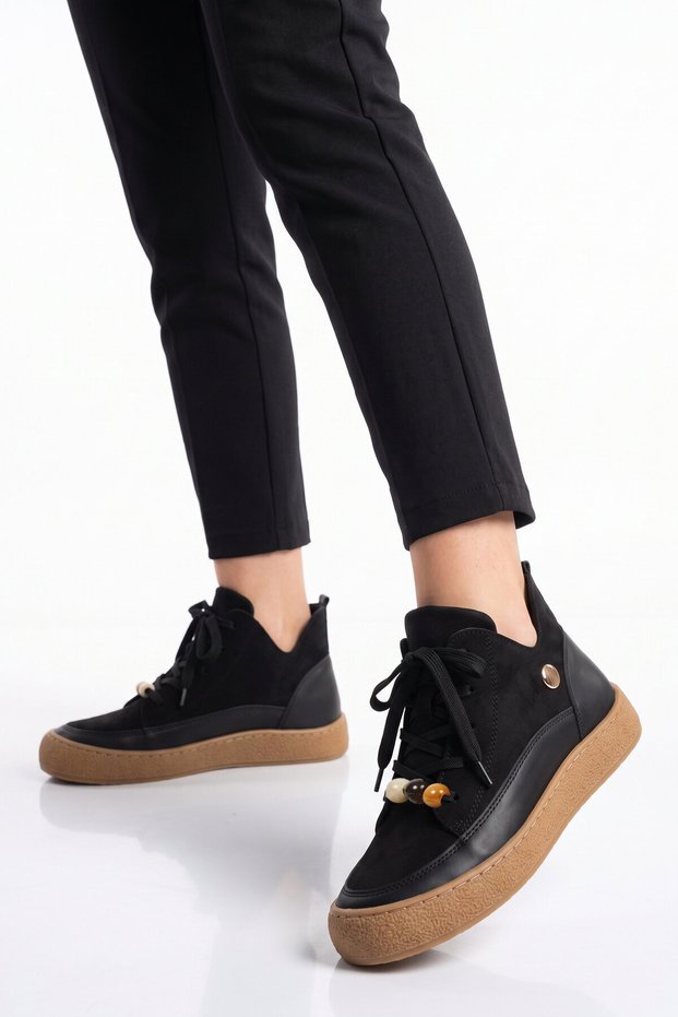 Black Suede Lace-Up Women's Stylish Sneaker Boots with Beaded Accents and Rubber Soles 669267