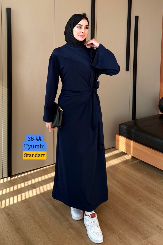 Women's Crew Neck, Side-Tie, 2-Thread Basic Modest Dress 416