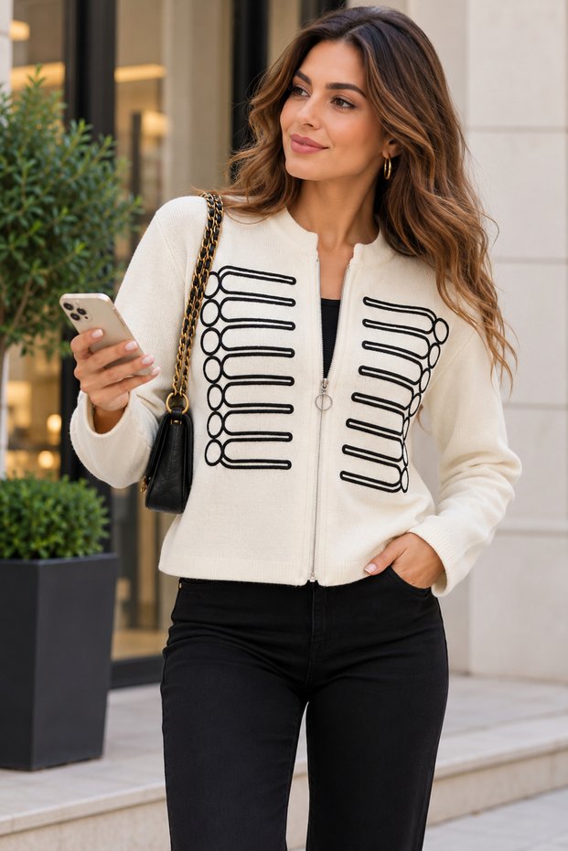 Women's Knit Cardigan – Knitted Sweater with a Mock Neck and Zip Detail, Cardigan with Embroidered Details