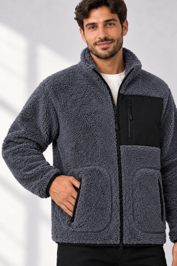 Men's Charcoal Grey Lamb Welsoft Fleece Polar Jacket with Full Zipper and 3 Zippered Pockets