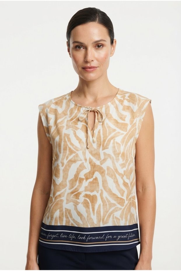 Women's Slogan-Printed Sleeveless Blouse with Sleeve Detail