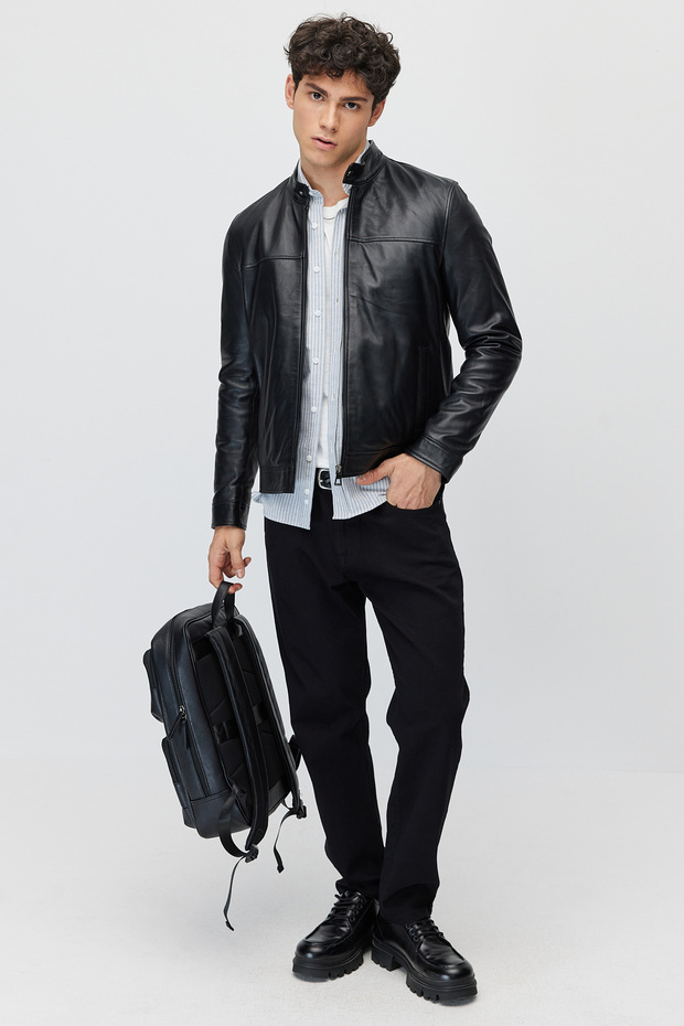 Men's Leather Jacket with Zipper and Two Zippered Pockets