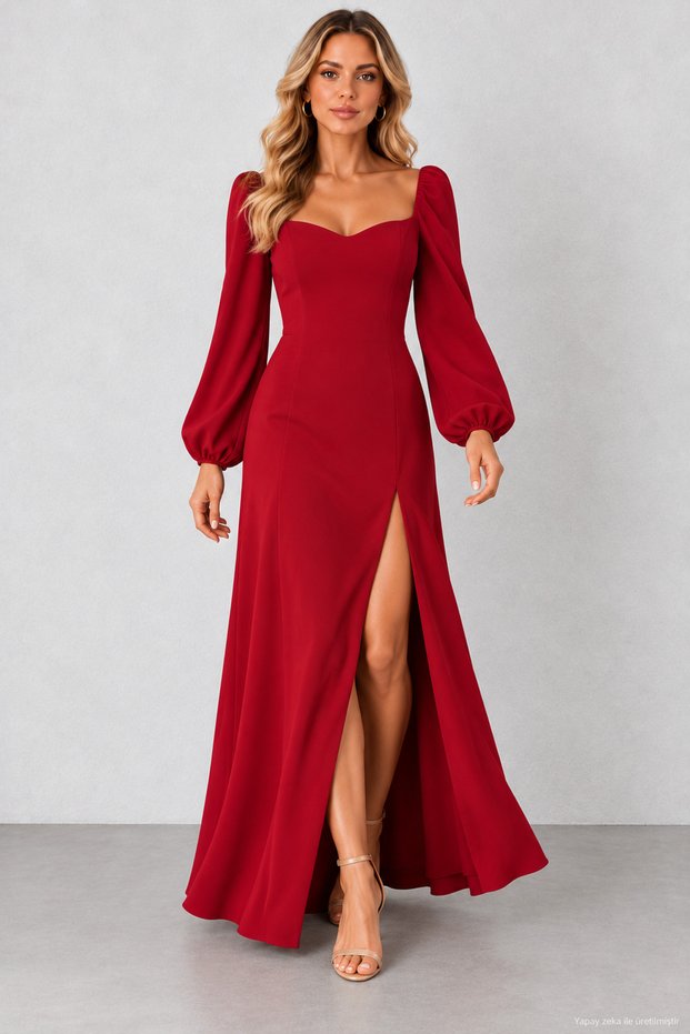 Women's Long-Sleeved, Slit-Front, Long Dress with Balloon Sleeves, Imported Crepe Fabric, Waist-Fitted, Elegant Style, Timeless Grace