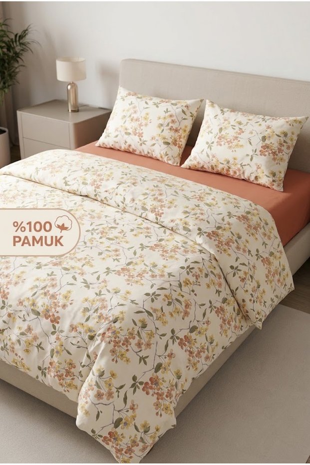 Double Duvet Cover Set, 100% Cotton Ranforce - Wildflower / Terracotta Color Bed Sheet