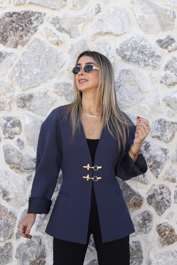 Navy Blue and Gold Collarless Jacket with Hook-and-Eye Closure