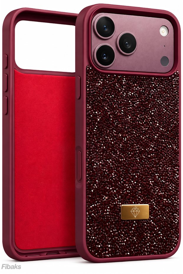 iPhone 17 Pro/18 Pro Case with Velvet Interior, Diamond Design, Burgundy Stones, and Sparkling Diamond-Effect Silicone Cover