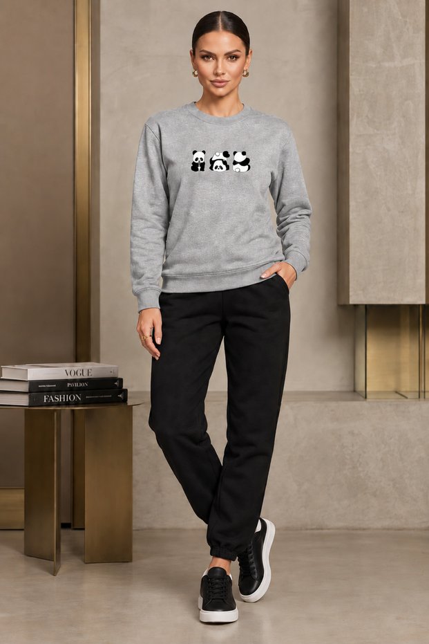 Crew-Neck Brushed Inside Chardonnay Sweatshirt Set—Seasonal 3-Piece Set with Panda Print for Women/Girls