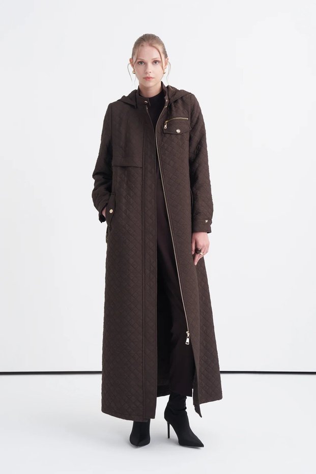 Quilted, Hooded, Belt Detail, and Zip Detail Brown Trench Coat 13993