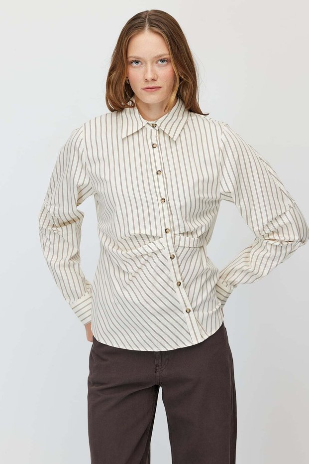 Women's Striped Shirt with Draped Details and Asymmetrical Buttons