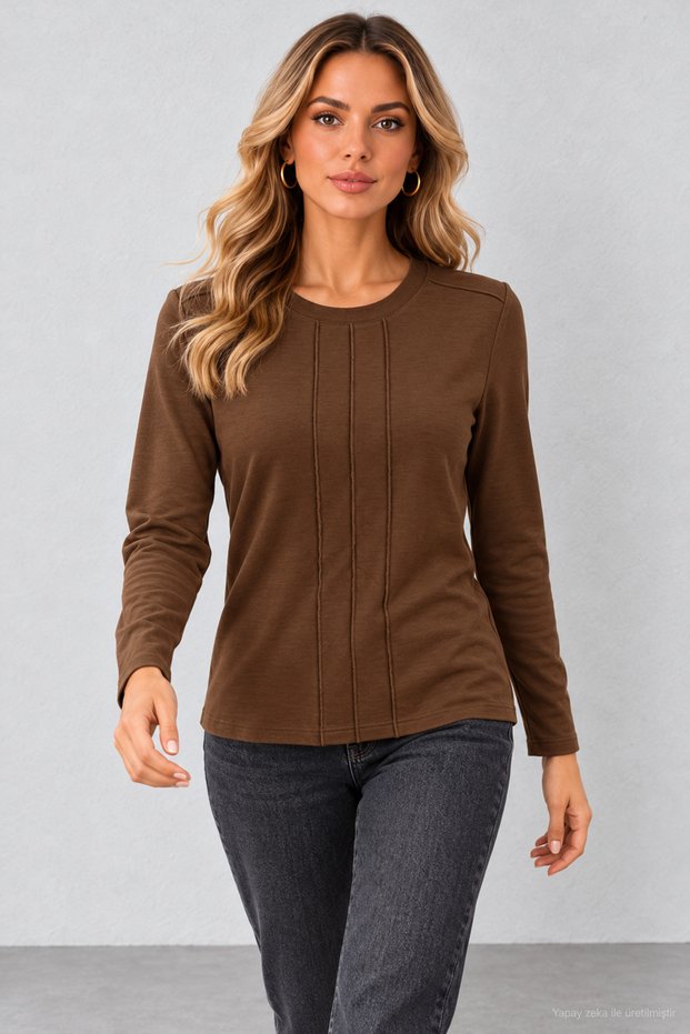 Women's Crew Neck Long-Sleeve Viscose Blouse with Ribbed Collar Detail on the Front: Everyday Chic, Timeless Elegance—Fall and Winter Styles