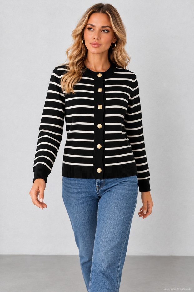 Women's Striped Knit Cardigan, Round Neck, Gold Buttons, Long Sleeves, Soft-Textured Knit Jacket, Timeless Elegance, Fall/Winter