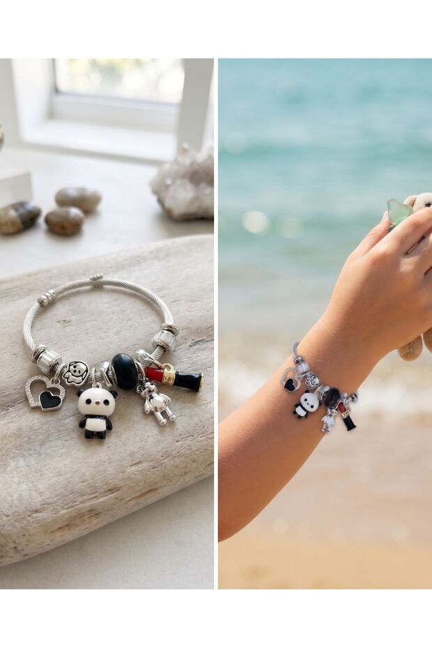 Children's Panda Lipstick-Detailed Steel Bracelet