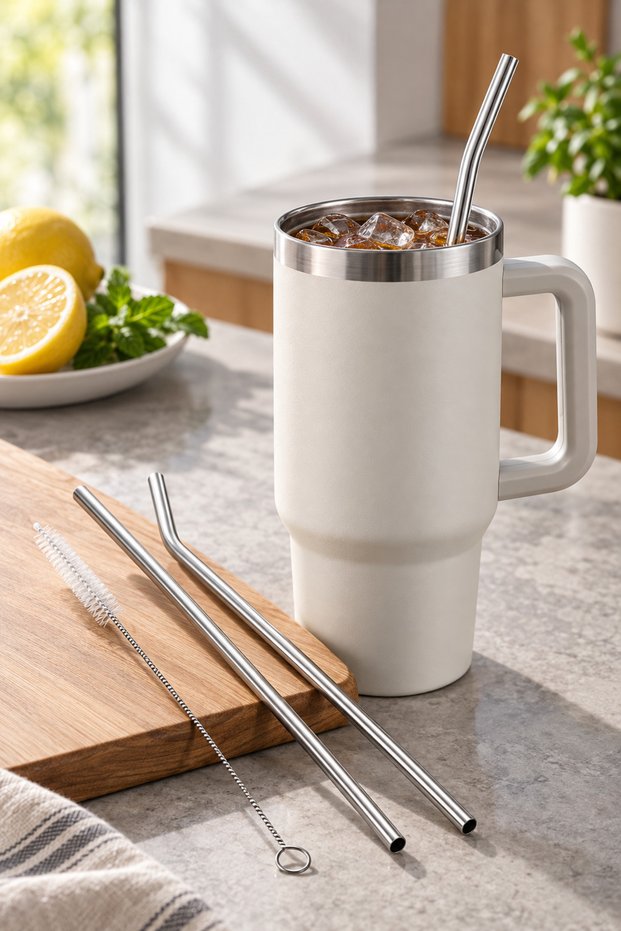 10-Piece Extra Long Stainless Steel Straw Set – Curved and Straight Straws, with Cleaning Brush, Compatible with 40 Oz/1200 ml Thermos, Metal Straw