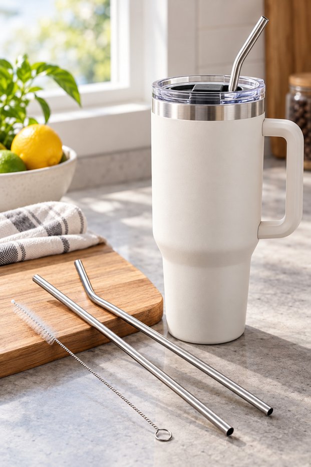 3-Piece Extra Long Stainless Steel Straw Set – Curved and Straight Straws, with Cleaning Brush, Compatible with 40 Oz/1200 ml Thermos, Metal Straw