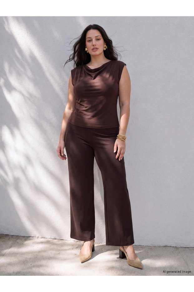 LCW Curve Brown Interlock Straight-Leg & Slim Women's Pants, Featuring the ALITA CITY Touch