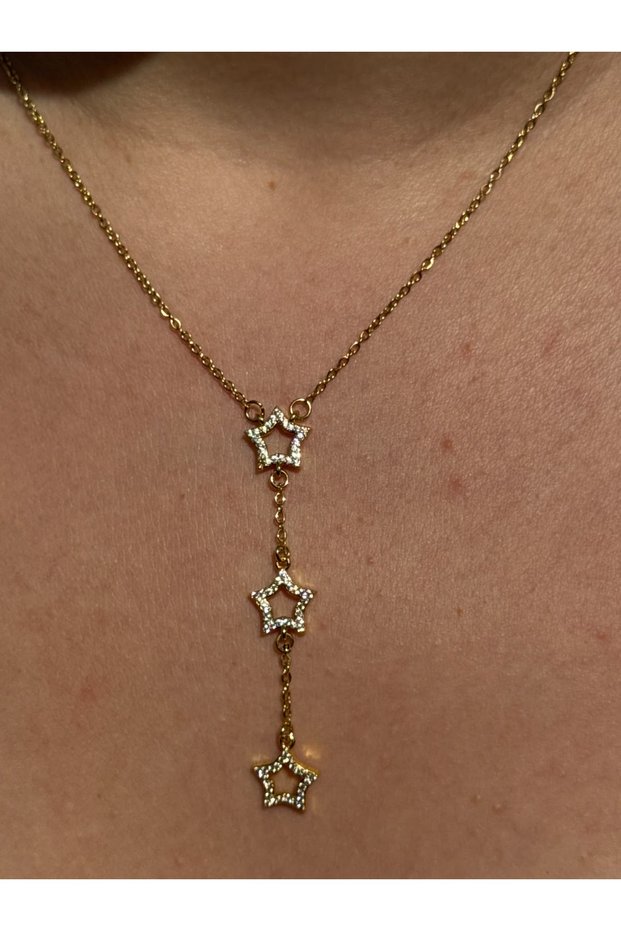 1: Xuping Gold Triple Star-Shaped Zircon Stone Dangle Necklace for Women - Stainless Steel