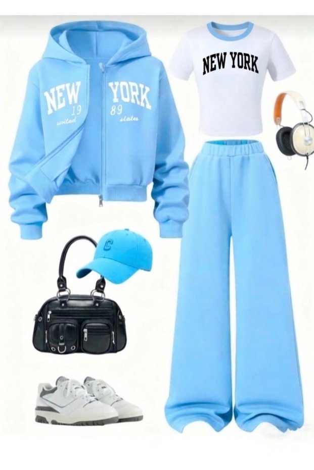 White New York-Printed Blue-Collar 3-Piece Winter Suit Set