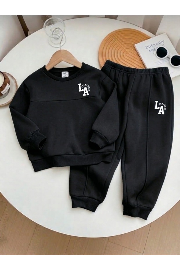 LA-Printed Winter Kids' Top and Bottom Set with Grass Print and Wide Legs