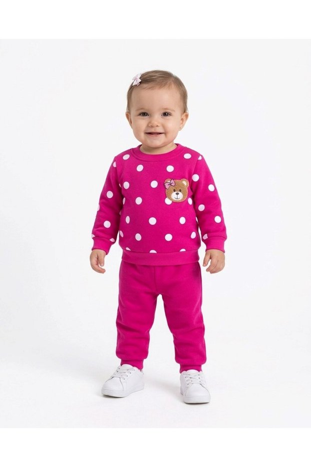 Girls' Baby Süzene Teddy Bear Print Winter 3-Thread Brushed Inside Sherpa 1-2-3 Years 2-Piece Top and Bottom Set