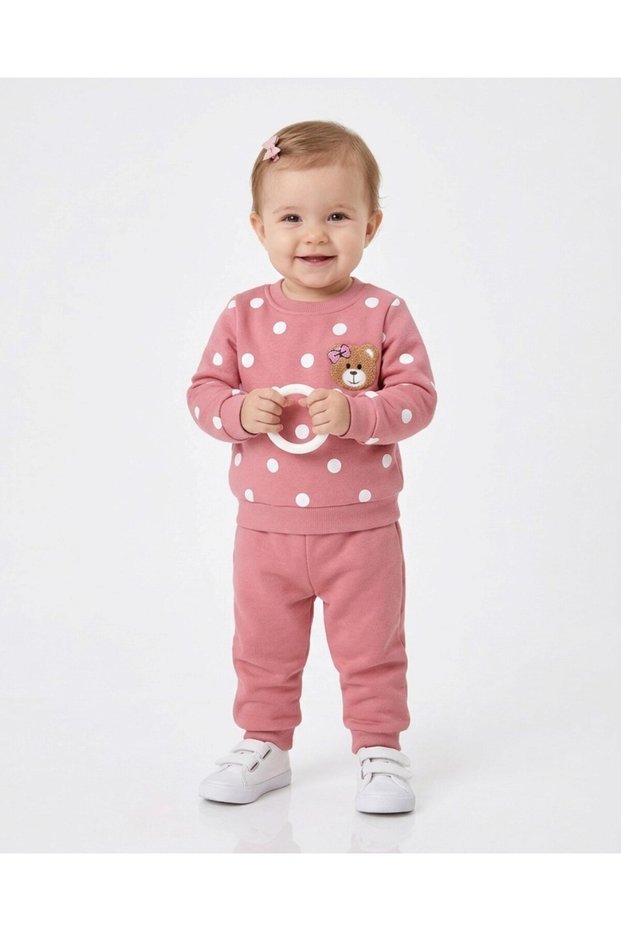Girls' Baby Süzene Teddy Bear Print Winter 3-Thread Brushed Inside Sherpa 1-2-3 Years 2-Piece Top and Bottom Set