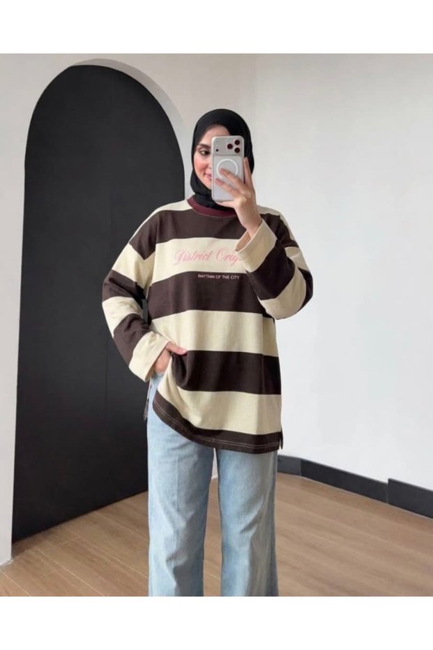 Long Sweatshirt with Striped Print