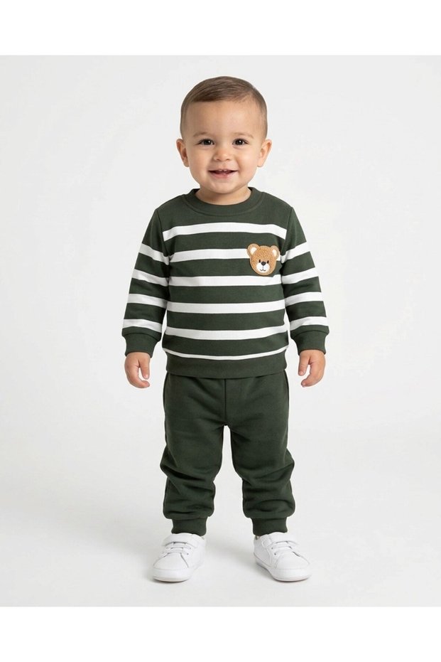 Boys' Süzene Teddy Bear Print Embroidered Winter 3-Thread Brushed Inside 1-2-3 Years 2-Piece Top and Bottom Set