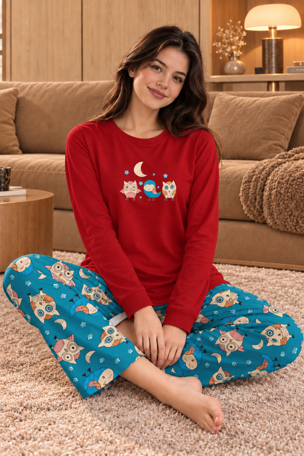 Reverie Owl 3 Red Super Soft Long-Sleeve Pajama Set