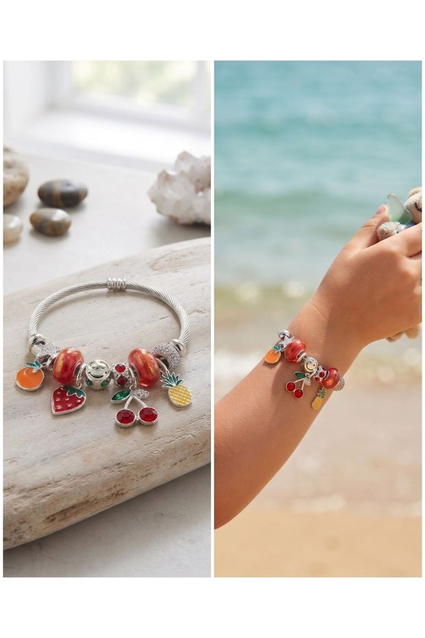 Children's Orange, Strawberry, Cherry, and Pineapple Detailed Stainless Steel Bracelet