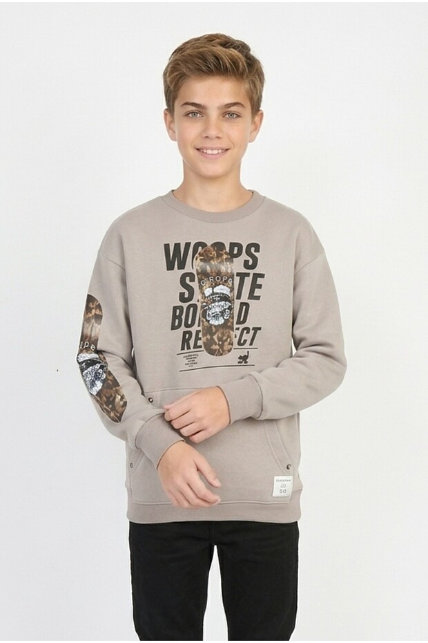 Boys' Three-Ply Heathered Front and Sleeve-Printed Kangaroo Pocket Casual Sweatshirt