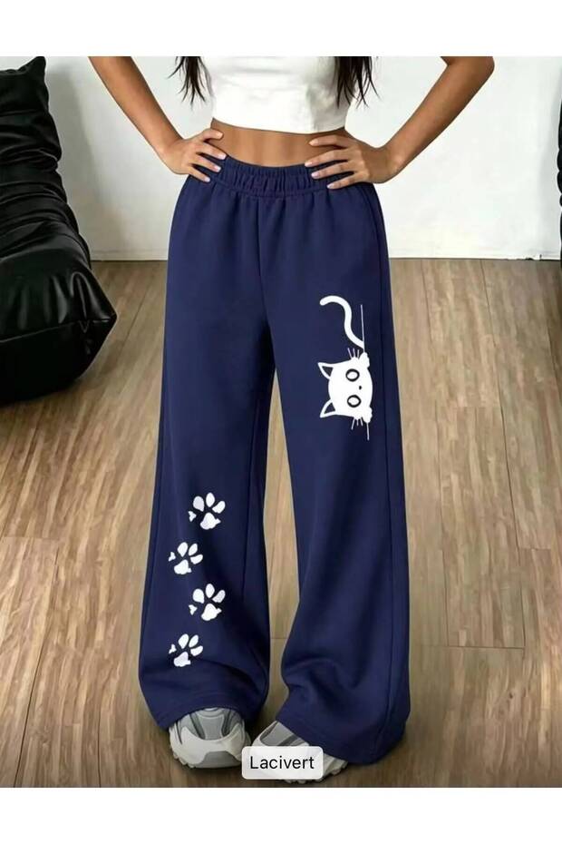 Loose-Fit, Relaxed-Cut Wide-Leg Sweatpants with Kitten and Paw Prints