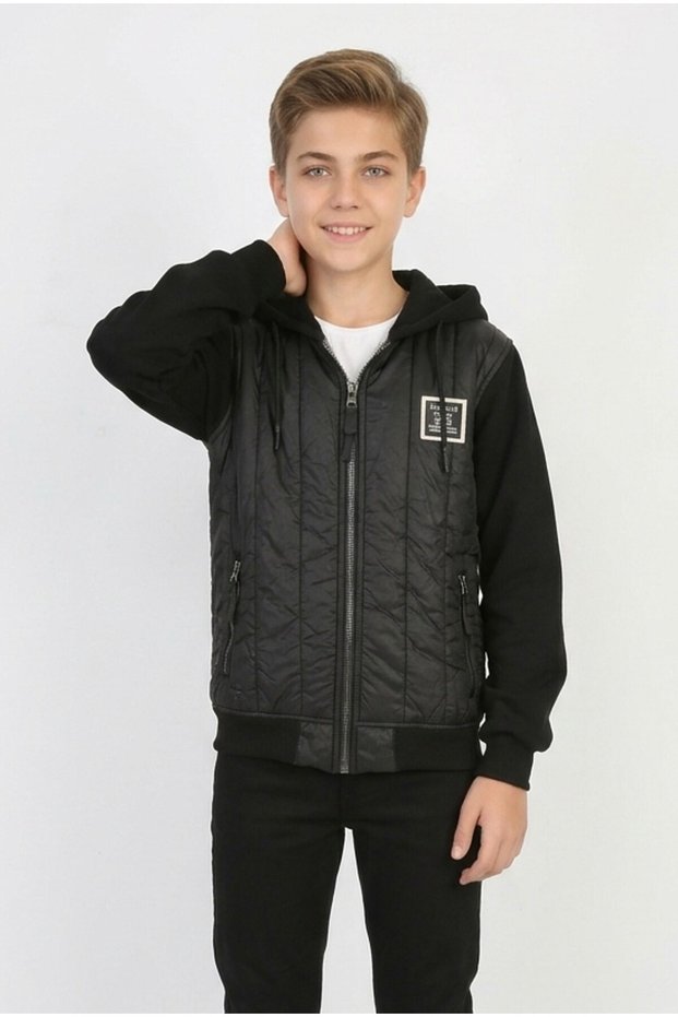 Boys' Three-Stripe Embroidered Hooded Zipper Sweatshirt with Thermal Lining and Fleece Sleeves for Everyday Wear