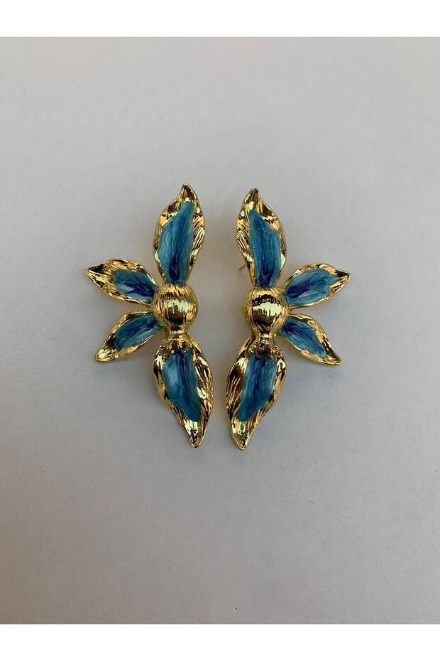 Flower-Motif / Leaf-Shaped Earrings, Blue