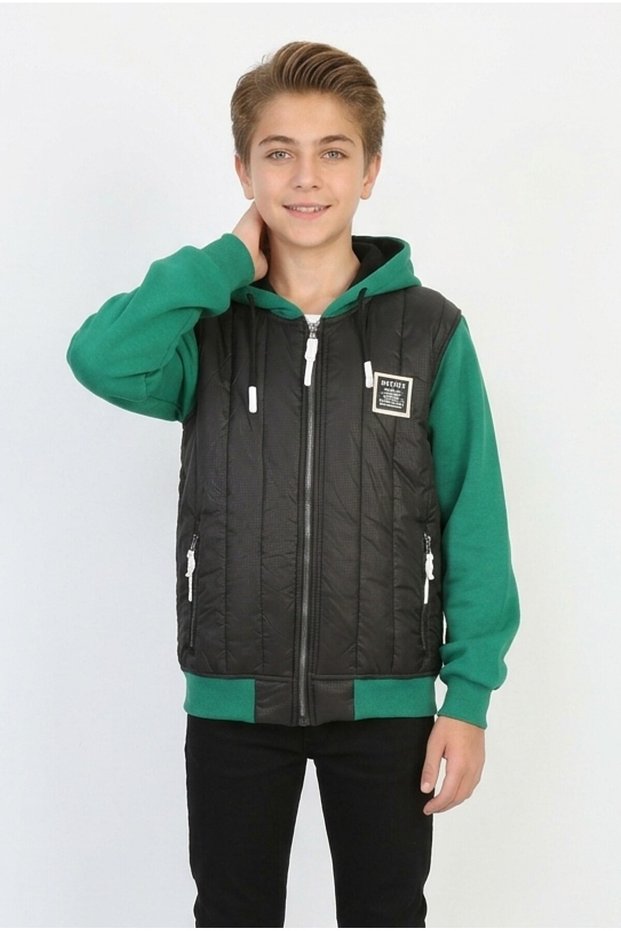 Boys' Three-Stripe Embroidered Hooded Zipper Sweatshirt with Thermal Lining and Fleece Sleeves for Everyday Wear