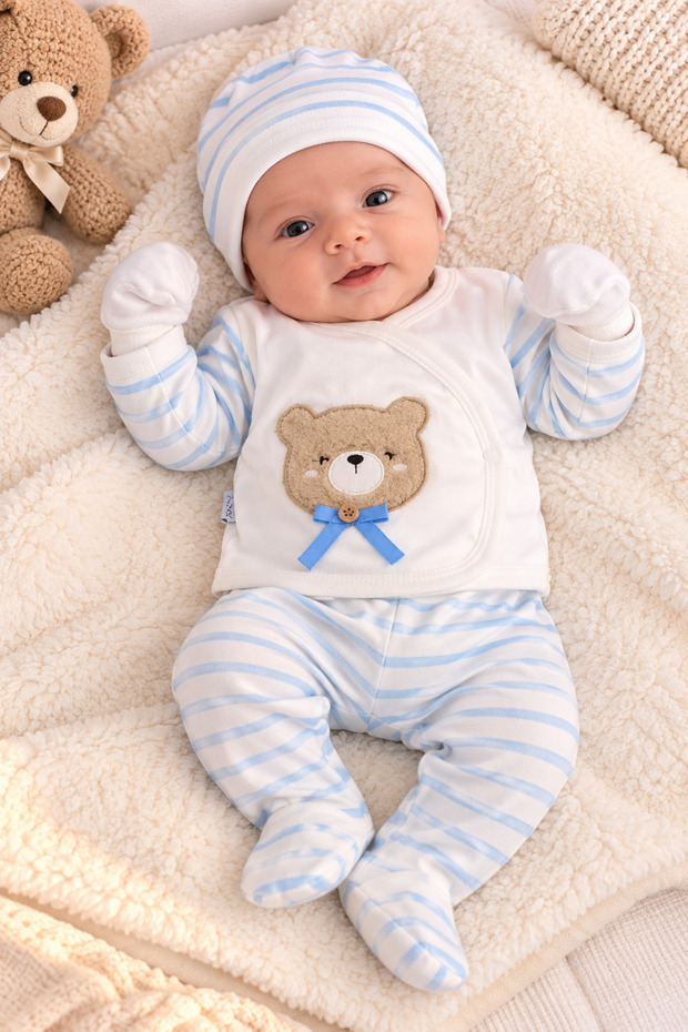 Newborn Boy 5-Piece Hospital Discharge Set – Blue Striped Pattern Baby Clothing Set with Teddy Bear Print