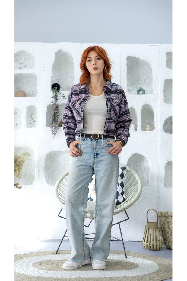 Women's Purple Plaid Zip-Up Cropped Shirt Jacket